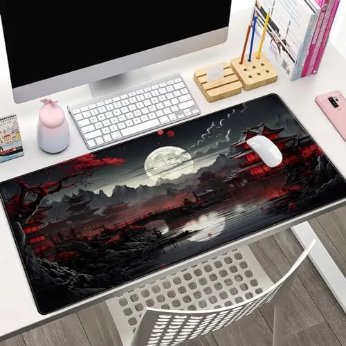 Close look at the Japanese Desk Mat Riverside Full Moon Desk Pad Black Red build quality