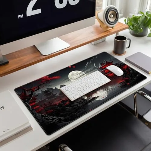 The Japanese Desk Mat Riverside Full Moon Desk Pad Black Red in real use