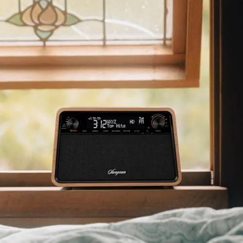 Another view of the Sangean HDR-19 HD Radio/AM/FM-RDS/Bluetooth/AUX Premium Wooden Cabinet Radio