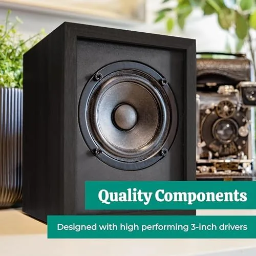 The Electrohome Huntley Powered Bookshelf Speakers with Built-in Amplifier and 3" in real use