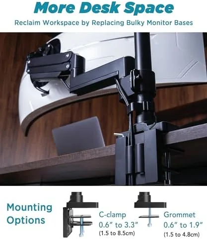 A 57 inch curved ultrawide monitor suspended from the arm in a raised position