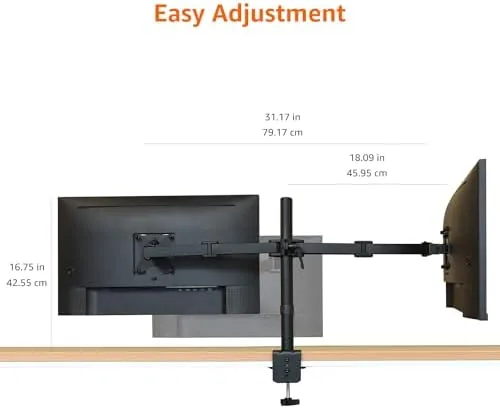 The Amazon Basics Adjustable Dual Monitor Desk Mount, Supports up to in real use