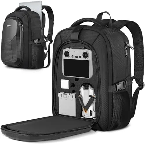 The expandable drone backpack standing upright with the DJI Mini 4 Pro case beside it