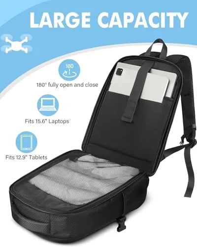 A traveler carrying the drone backpack through an airport terminal