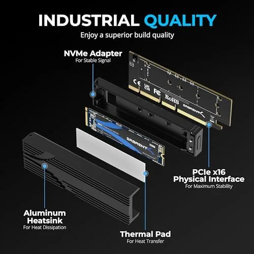 Detail shot of the SABRENT M.2 NVMe SSD to PCIe x16 Adapter Card, Gen5 features
