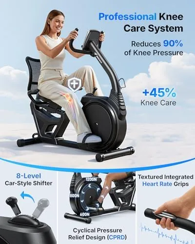 Close up of the MERACH recumbent bike console and heart rate handle