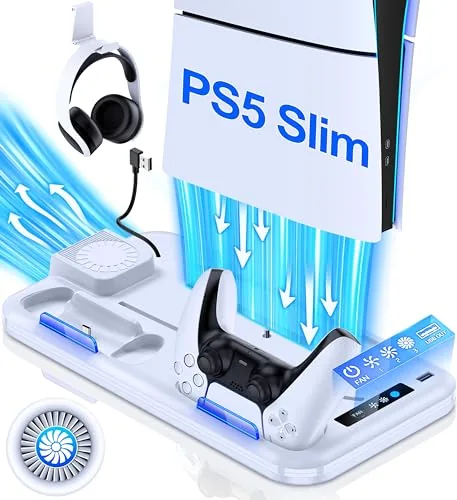 PS5 Slim standing vertically on the cooling station stand