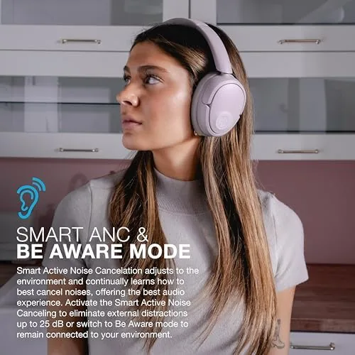 JBuds Lux headphones on a commuter train with ANC active