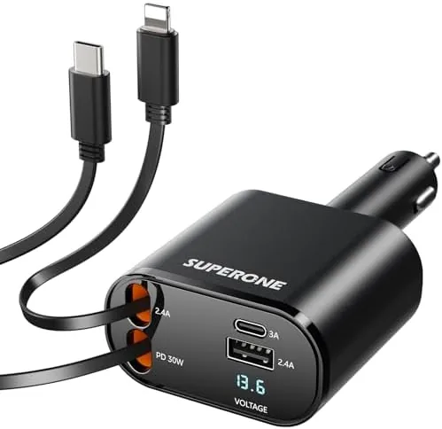 Overview of the Retractable Car Charger, 4-in-1 Fast Phone Charger Adapter | Dual