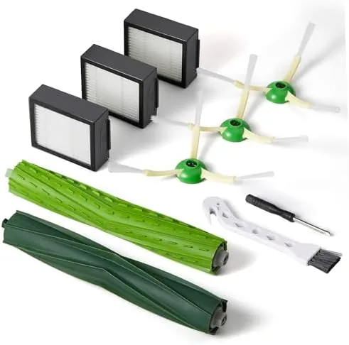 The iRobot replacement parts kit with rubber brushes, HEPA filters, and edge brushes laid out