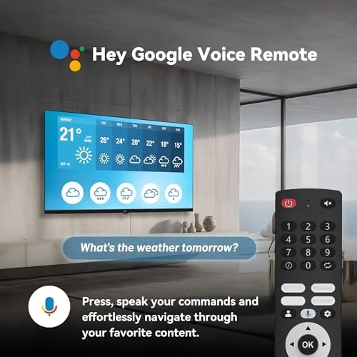 Close view of the voice remote and the apps being launched on the FPD television