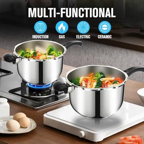 A bowl of cooked beans beside the open pressure cooker on the stovetop