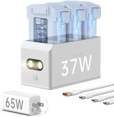 The SKYROVER X1 charging hub with a DJI Mini battery inserted and the 65 watt charger connected
