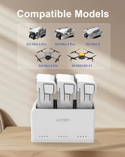 Three DJI Mini batteries in the charging hub with the storage mode LED lit