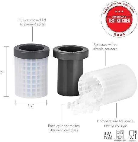 The Tovolo mini cylinder beside a standard cube tray and a large sphere mold