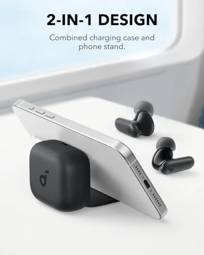 The P30i charging case folded open and acting as a phone stand