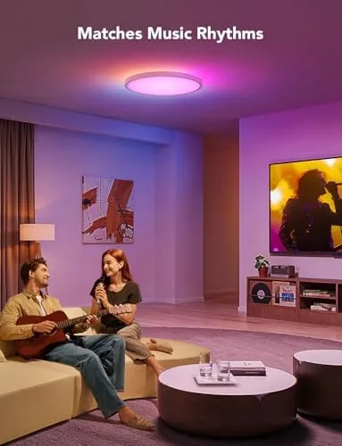 The living room ceiling light glowing warm white during an evening scene