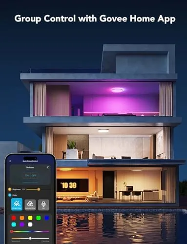 The Govee ceiling light next to a smart bulb and a roll of LED strip
