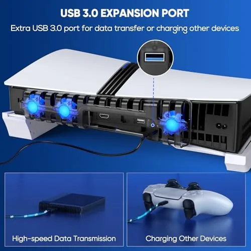 A DualSense controller seated on the charging dock with its LED lit