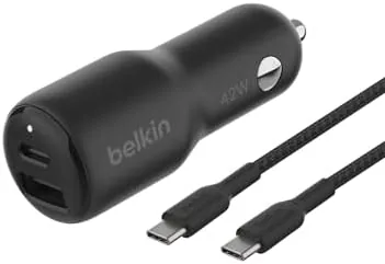 Overview of the Belkin BoostCharge 42W Car Charger with USB-C to C Cable