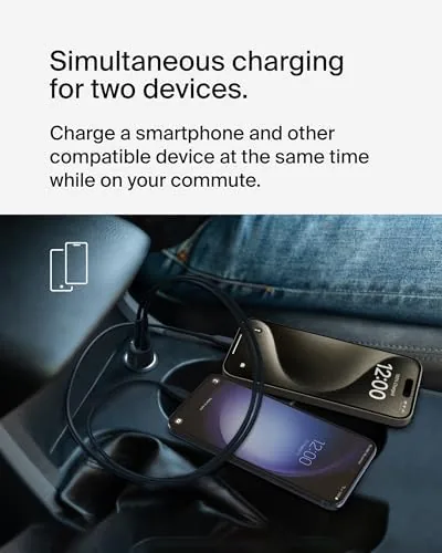Detail shot of the Belkin BoostCharge 42W Car Charger with USB-C to C Cable features