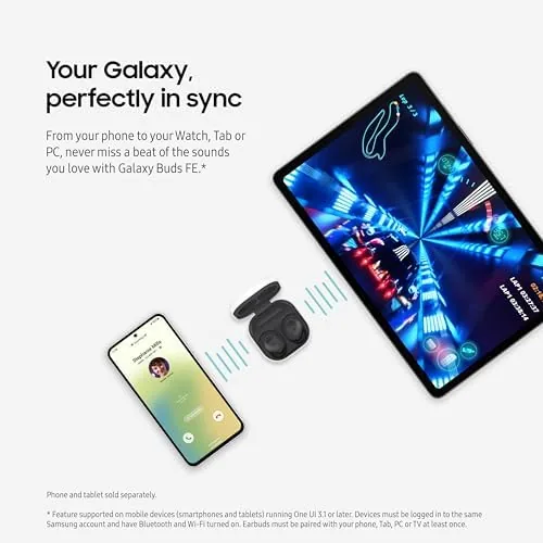The Galaxy Buds FE paired with a Samsung phone showing the companion app