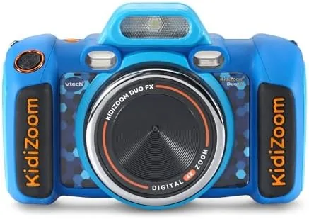 The blue VTech KidiZoom Duo Camera FX sitting on a playroom table