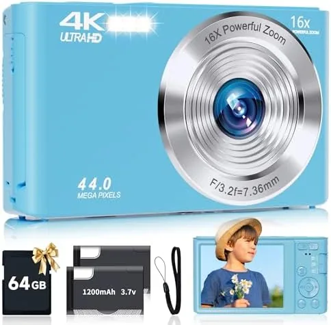 The blue SMARTKLIK digital camera for teens on a table with its SD card