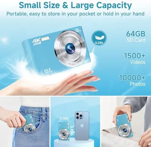 The SMARTKLIK camera next to a phone and a branded compact camera