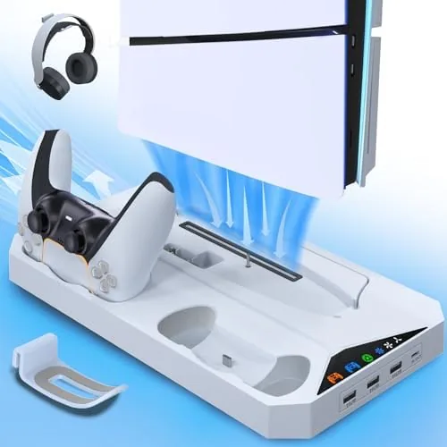 The PS5 Slim mounted vertically on the stand and cooling station