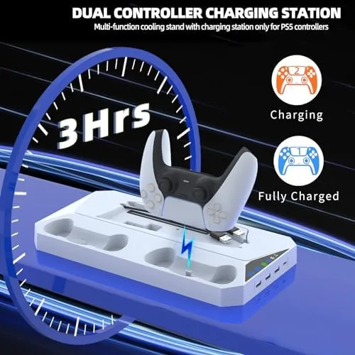 Two DualSense controllers charging in the cradles on the stand base