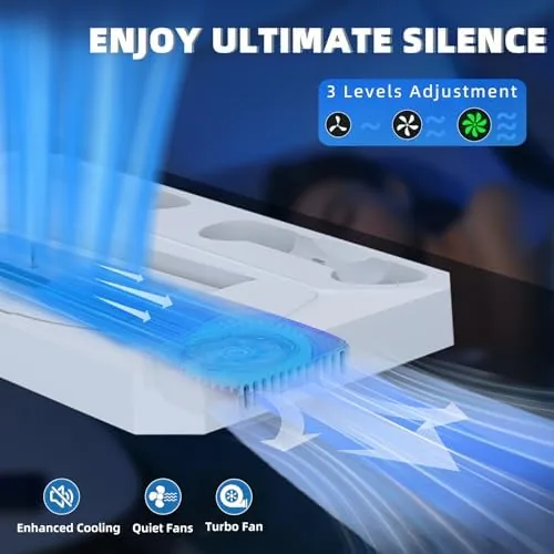 The PS5 Slim running a game while mounted on the cooling stand