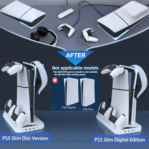 The cooling station compared with a basic vertical stand for the PS5 Slim