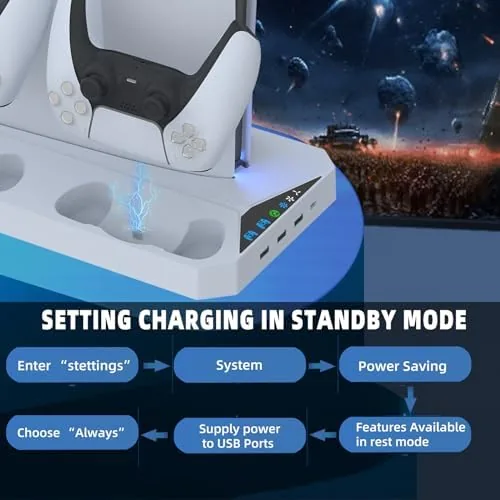 A complete gaming desk setup with the PS5 Slim stand and a headset on the holder
