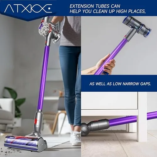 A complete Dyson stick vacuum with the purple ATXKXE wand fitted and upright