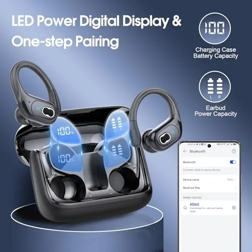 Wireless Earbuds 75H packed in the charging case beside workout gear