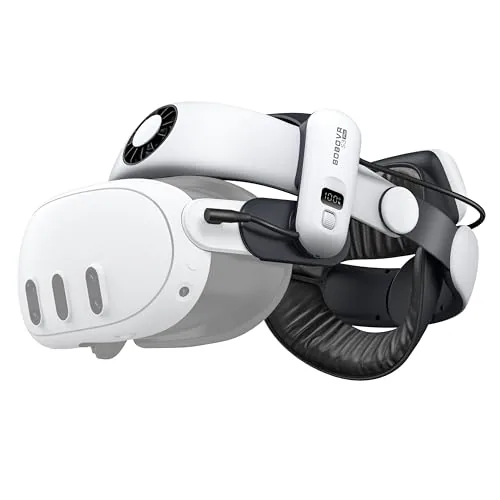 BOBOVR S3 Pro battery strap attached to a Meta Quest 3 headset on a desk
