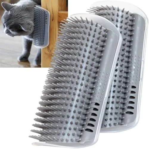 miwoowim cat self groomer brush mounted in a wall corner beside a scratching area