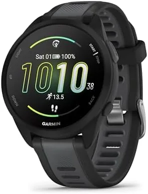 The Garmin Forerunner 165 black watch on a wrist