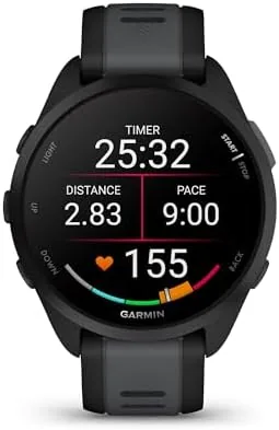 The Forerunner 165 displaying a run summary on its colorful screen