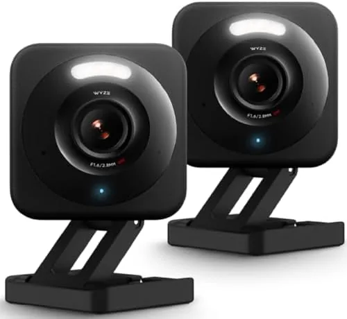 Front view of the Wyze Cam v4 showing its lens and base