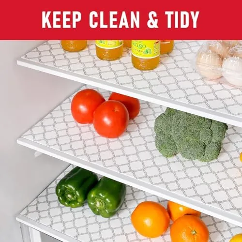 A liner installed on a glass refrigerator shelf holding jars and bottles