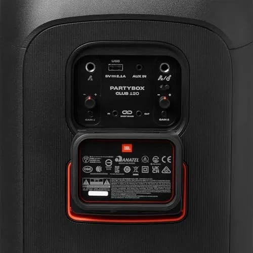Close up of the JBL PartyBox Club 120 controls and the dual input sockets