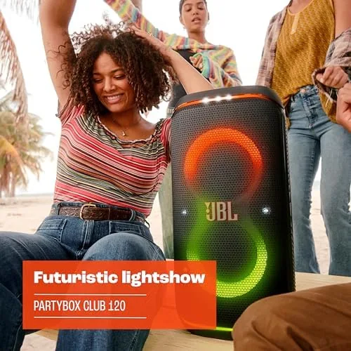 The JBL PartyBox Club 120 next to a compact Bluetooth speaker and a PA speaker
