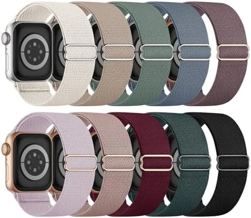 The 10 pack of stretchy Apple Watch bands arranged by color