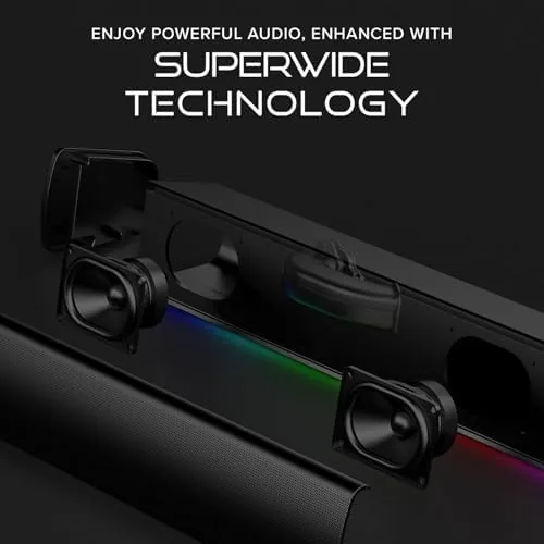 Detail shot of the Creative Sound Blaster GS3 Compact RGB Gaming Soundbar, Superwide, Black features