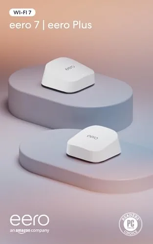 Two eero 7 units side by side on a table showing the compact design