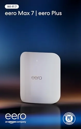 The eero Max 7 router standing upright showing its tall design