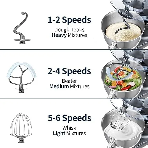 The three attachments, dough hook, beater, and whisk, laid out beside the mixer