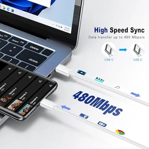 Comparison of 60W, 100W, and basic USB C cables side by side